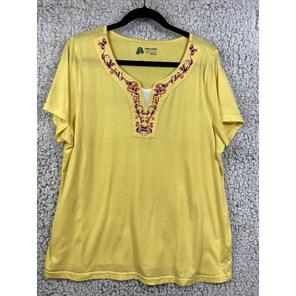 Yellow tunic short sleeve embroidered top cotton blend women's size 2XL